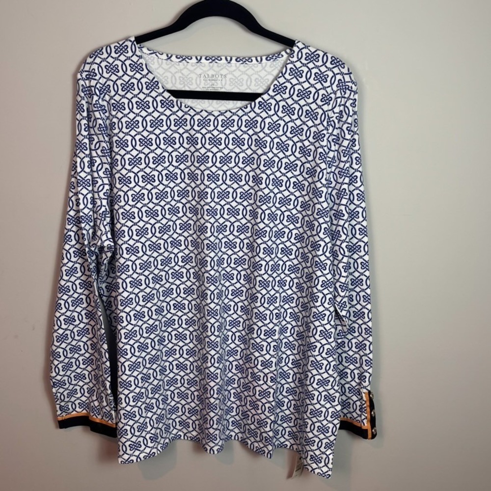 NWT Talbots Women Blue White Geometric Nautical Button Cuff Detail Top 2X Cotton